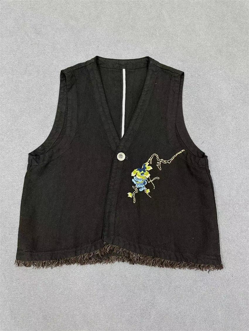 

Johnature Осенний женский жилет, топы, японский повседневный кардиган с V-образным вырезом и вышивкой, однобортный женский свободный жилет One Size чёрный