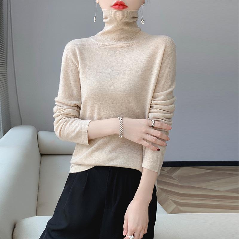 Versatile Pure Wool High Neck Solid Color Women's Slim Top for Spring & Autumn 2023