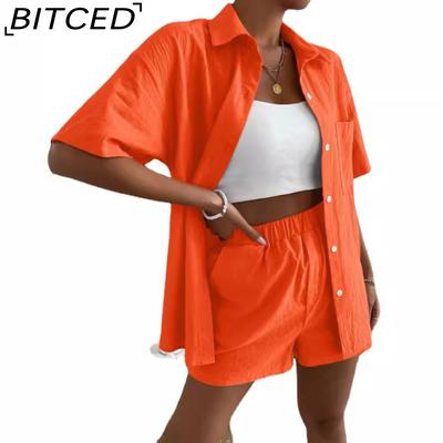 Cotton and Linen Fashion Set, Solid-color Pocket Patch Off-the-shoulder Shirt and Shorts, Solid-color Short-sleeved Shirt