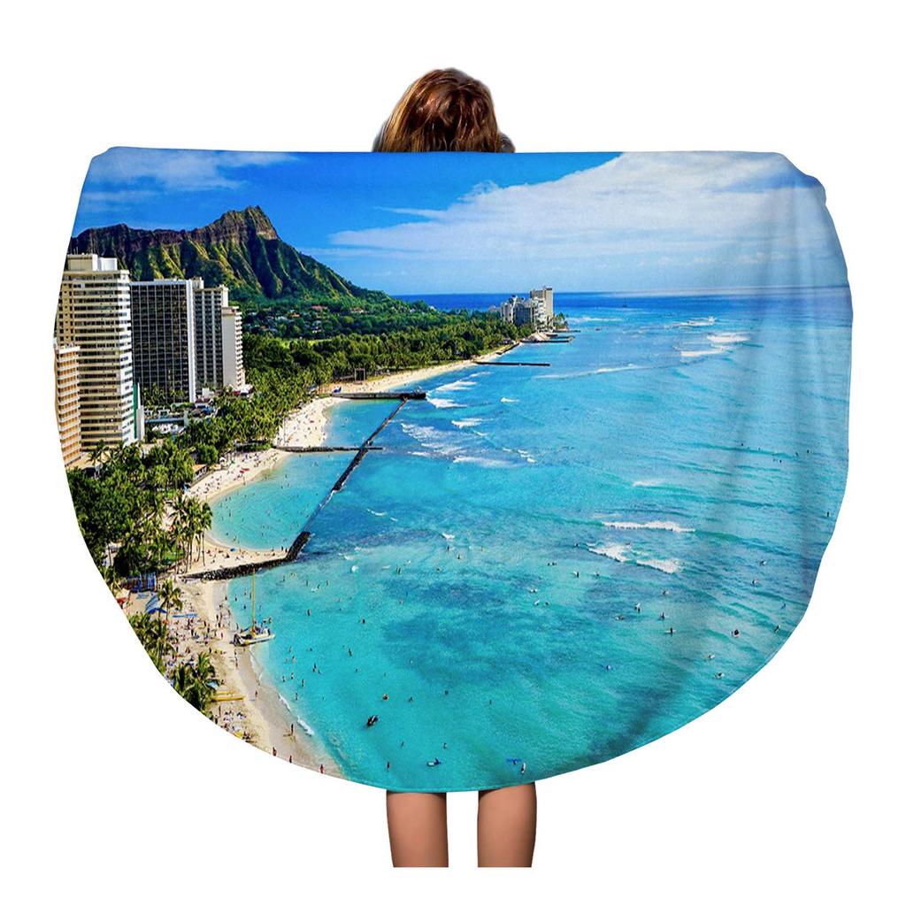 Buy 60inch/150cm Round Beach Towel Blanket Blue Waikiki Beach and