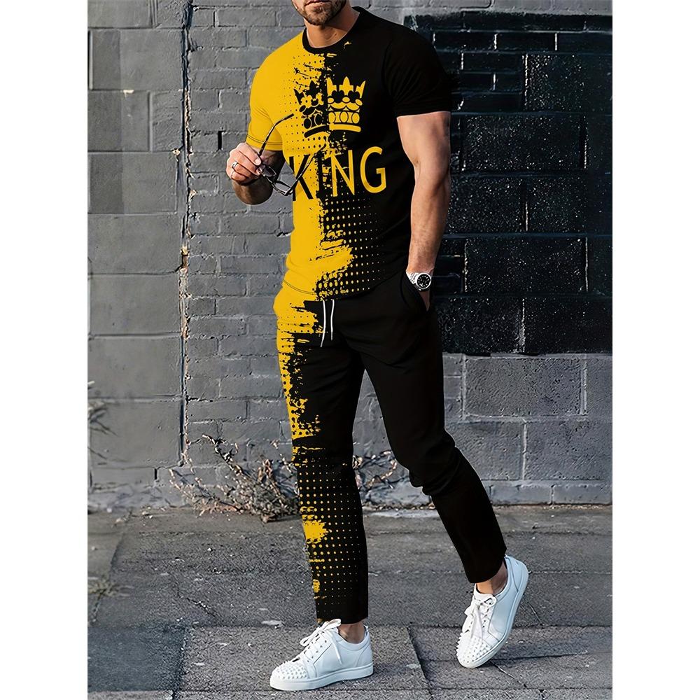 New Summer Men's Sports Suit Men's Round Neck Splicing Printed Short-sleeved T-shirt Loose Pants Two-piece Set Streetwear