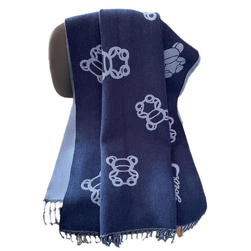 New Line Bear Imitation Cashmere Scarf for Women Korean Version Winter Cute All match Scarf To Keep Warm and Cold Plus Velvet Shawl