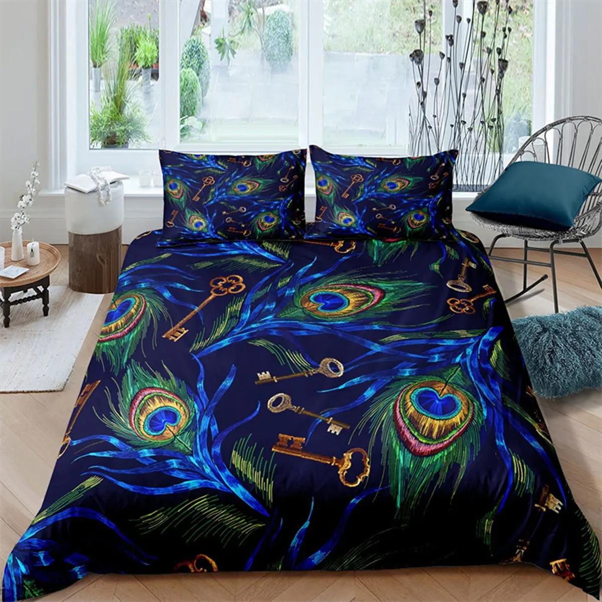 Dark Blue Peacock Feather Duvet Cover Feather Elegant Theme Chic Floral Quilt Cover for Women Teen Boys Girls Bedroom Decoration