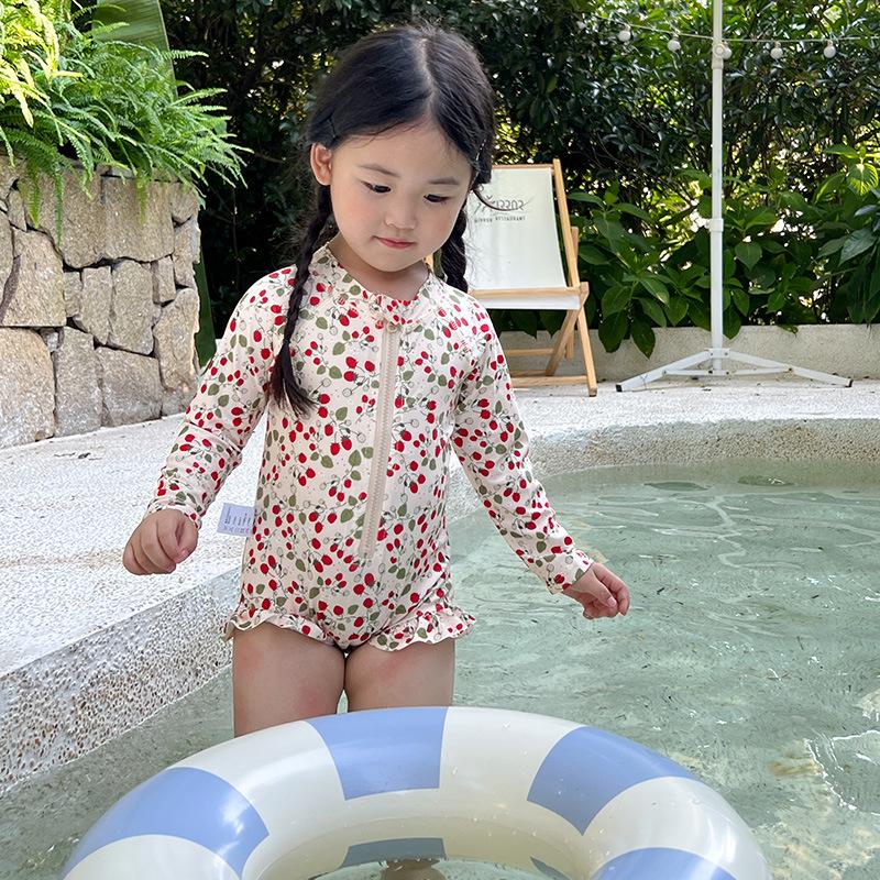 Flickors snabbtorkande blommig långärmad solskydds-baddräkt - Moderiktig prinsessstil