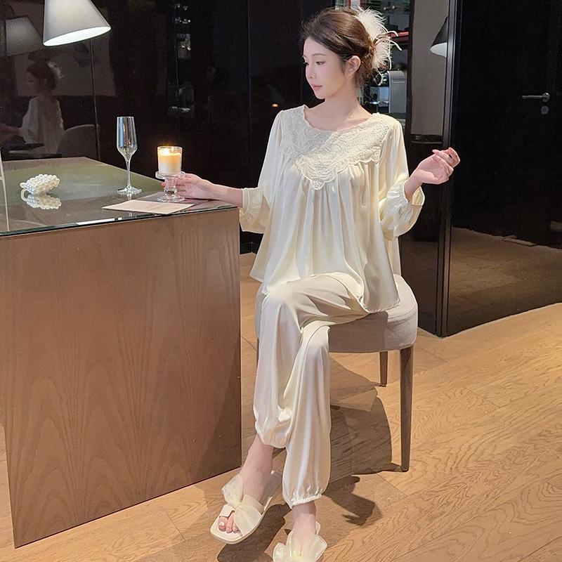 

Red Zodiac Ice Silk Lace Pajama Set - Spring/Autumn Long Sleeve, Sexy Hollowed-Out Homewear XL слонова кістка