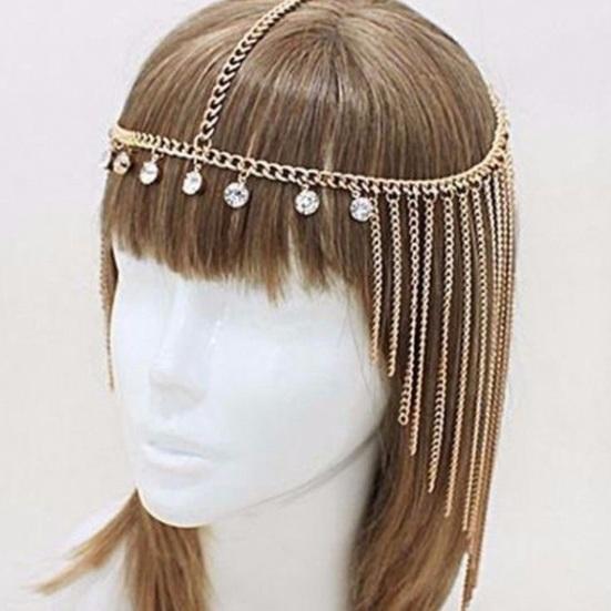 Hair Chain Adjustable Size Women Indian Headwear Multi-Layered Rhinestone Tiara with Golden Tassels Sparkling Rhinestones Headpiece