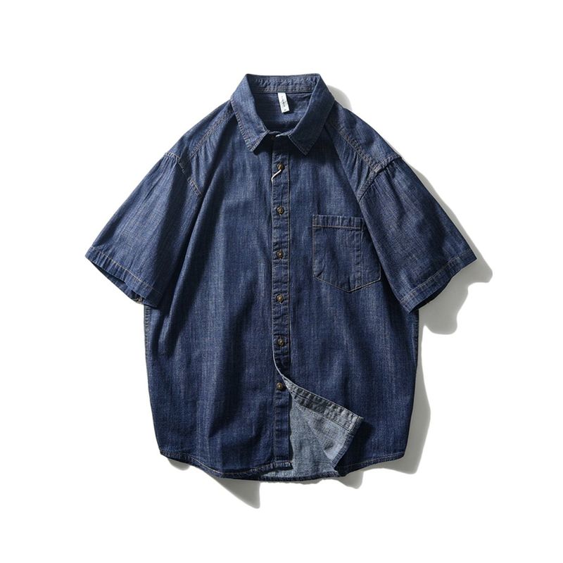 American Retro Pure Cotton Workwear Denim Shirt Men Short Sleeve Thin Jacket for Summer Export Men's Casual Shirt