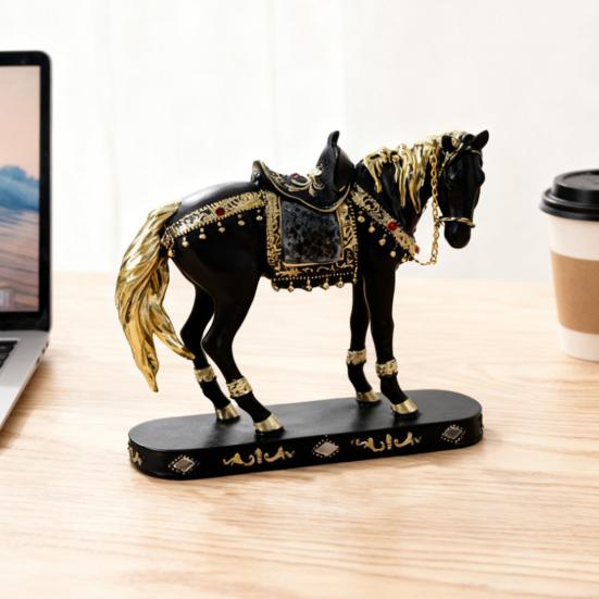 Retro Horse Statue Desktop Artistic Horse Figurine with Base Golden Painted Resin Horse Sculpture