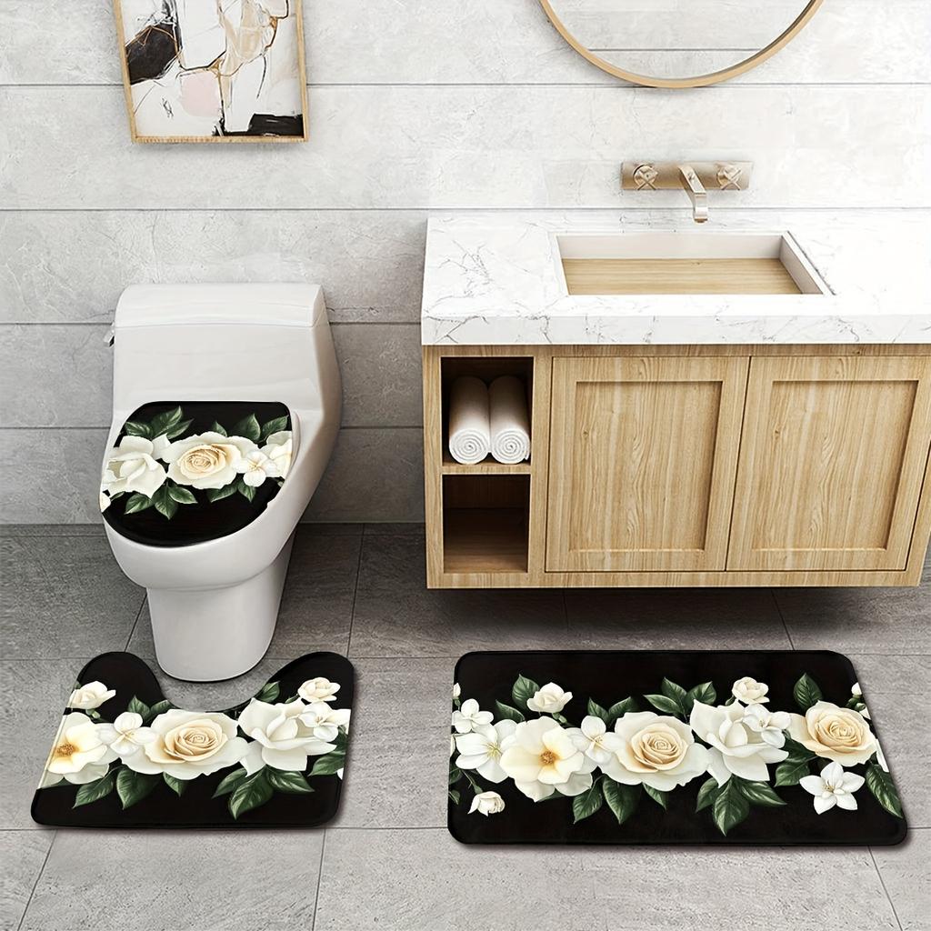 For 3-Piece Rose Valentine Bathroom Set - Machine Washable Polyester with Toilet Seat, U-Shaped Seat and Non-Slip Mat