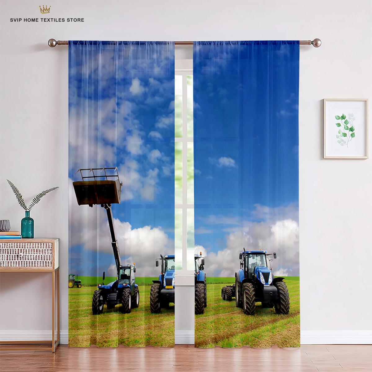 

Шторы для детей с изображением сельскохозяйственных машин и тракторов, декор детской комнаты, марлевые шторы, 2 шт., гостиная, спальня, декор кабинета W50X130H(CM)X2PCS&Rod pocket