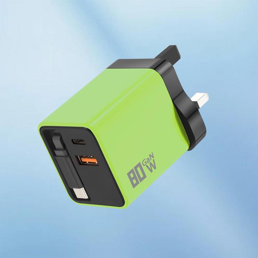 80W GaN Dual Port Retractable Fast Charger for Apple, Android, Huawei - USB A+C