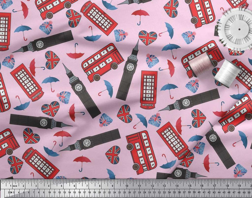 Soimoi Japan Crepe Satin Fabric Bus,Telephone Booth & London Clock Tower Architectural Print Sewing Fabric Metre 42 Inch