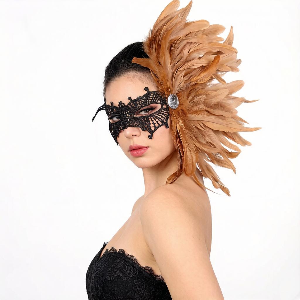 Feather Side Headpiece with Lace Eye Mask for Carnival Parade Masquerade Ball Mardi Gras Party Samba Dance Costume Outfit
