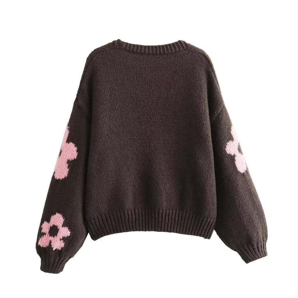 2025 Autumn and Winter New Women's Clothing V-neck Three-dimensional Inlaid Flower Lazy Wind Knitted Jacket