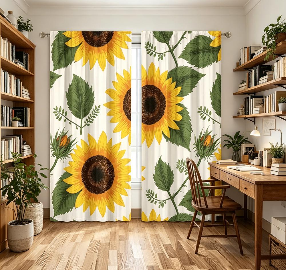 2PCS Digital Printed Curtains, Sunny Day Sunflower Summer Floral Yellow, Window Curtains for Living Room Bedroom Home Decoration
