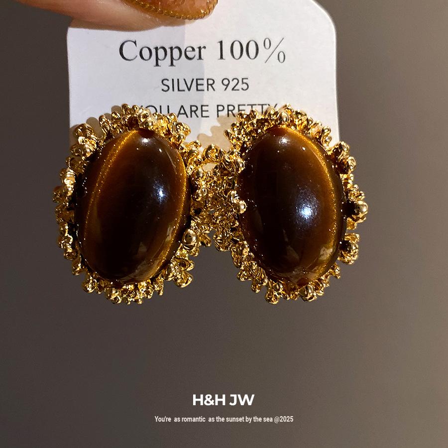 Silver Needle Oval Folded Tiger's Eye Earrings Maillard Vintage Court Style Earrings Light Luxury Premium Earrings Women