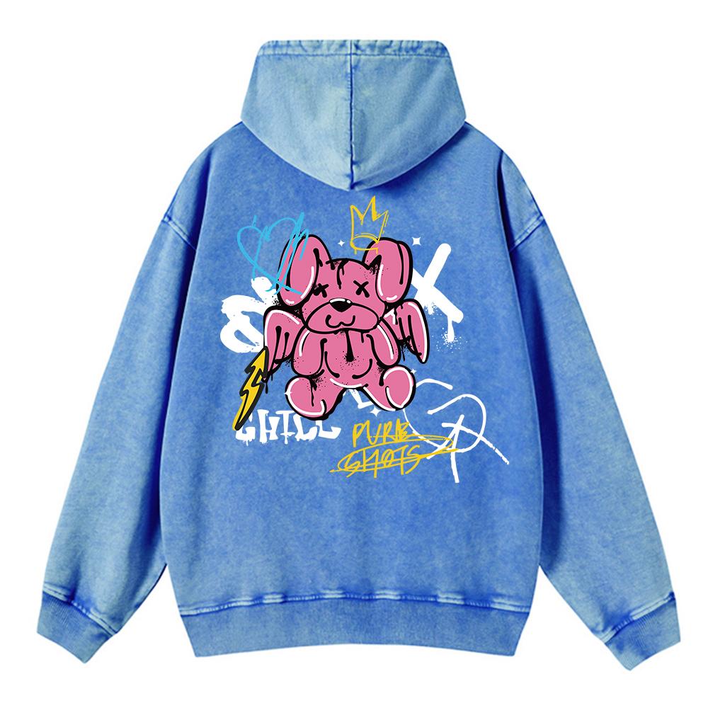 Vintage Womans Washed Hoodies Cute Rabbit Angel Graffiti Prints Pullovers Pocket Oversize Cotton Hooded Fashion Clothes