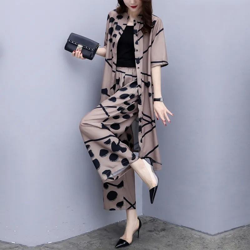 Plus Size Summer Slimming Set Loose-fit Long Sleeve Top Bottoms 2-piece Set Fashionable