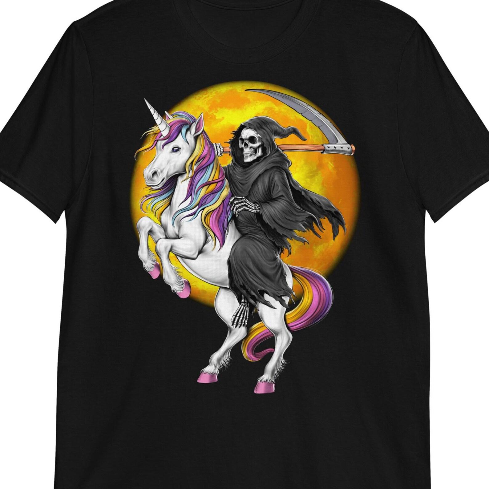 Grim Reaper Riding Unicorn T-Shirt: Spooky Halloween Tee 120