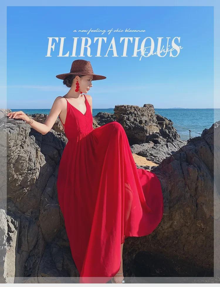 Elegant Red Fairy Beach Dress: Long, Backless, Sanya Travel Skirt
