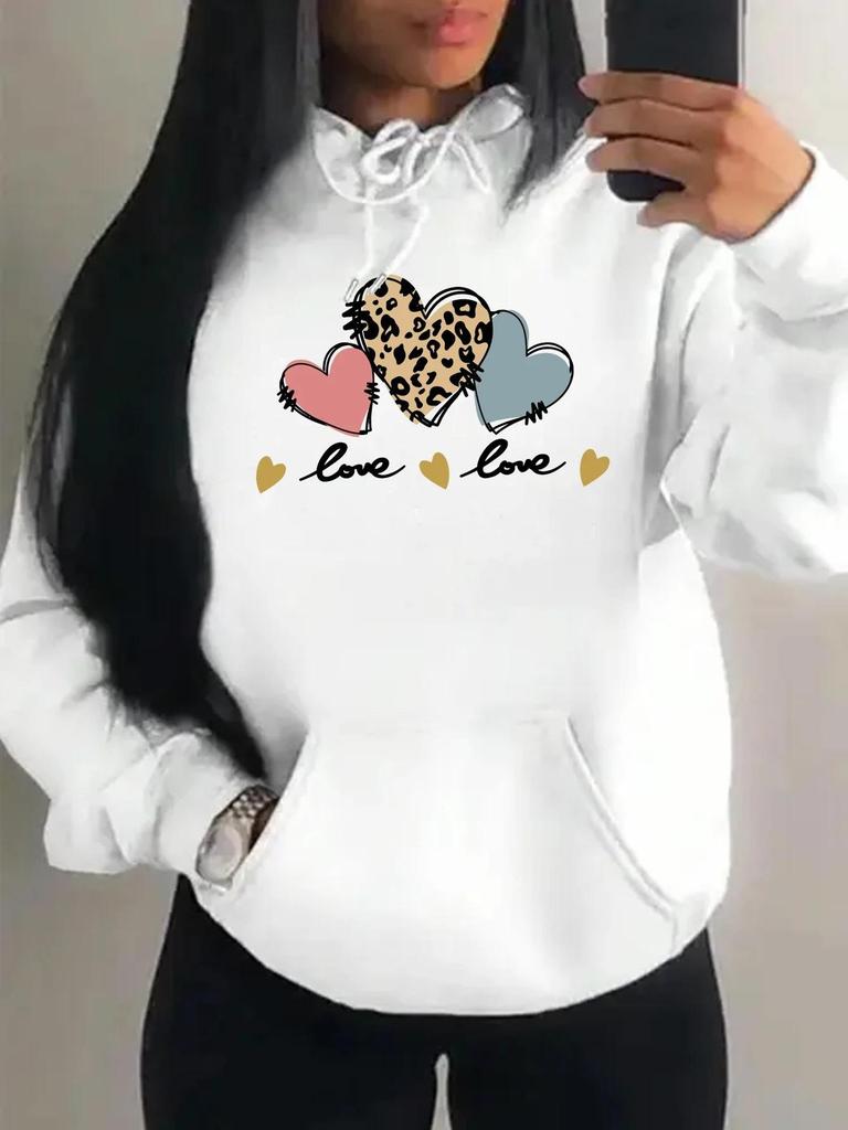 Women's Autumn Pink Leopard Heart Print Loose Hoodie with Pockets