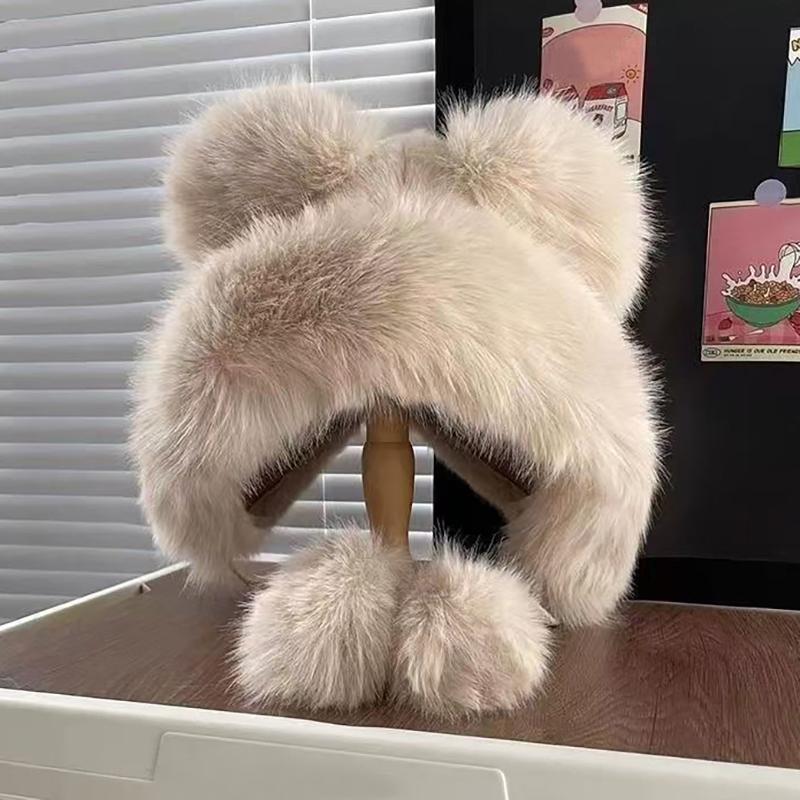 RICYGVM Șapcă de protecție pentru urechi din blană pufoasă pentru femei, iarnă, pălărie de pescar de pluș, rezistentă la vânt, Căldură, drăguță, ursuleț, căciuli pentru urechi.