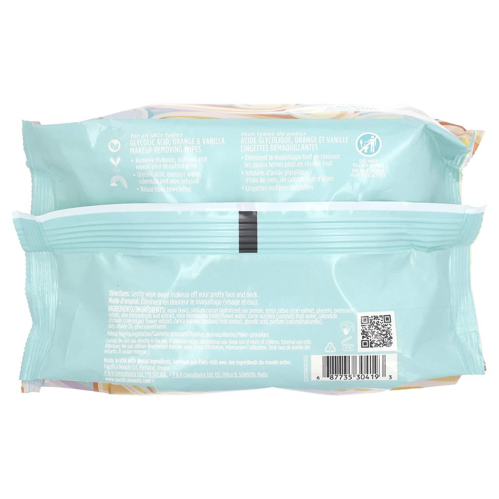 Pacifica Makeup Remover Tissues, Glowing, Glycolic Acid, Orange & Vanilla, 30 Wet Towels