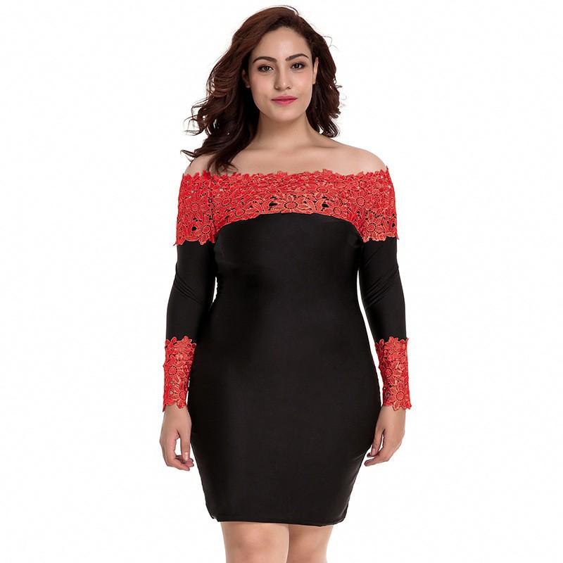 Women's fashion temperament one-word shoulder long-sleeved dress lace large size medium and long hip skirt