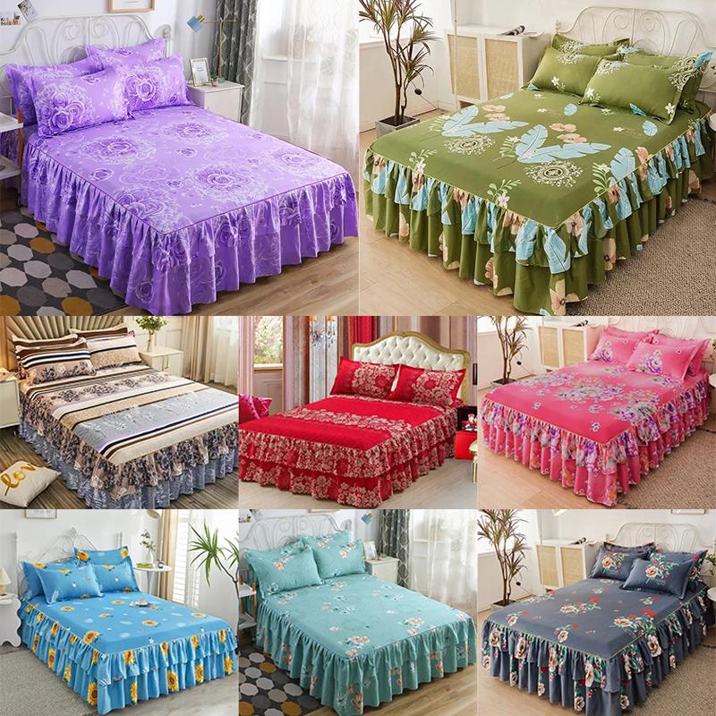 3PCS Ruffle Skirt Bedspread Home Textile Printed Bed Skirt Bedroom Coverlets Bedspreads Sheet Dust Cover Bedding with Pillowcase