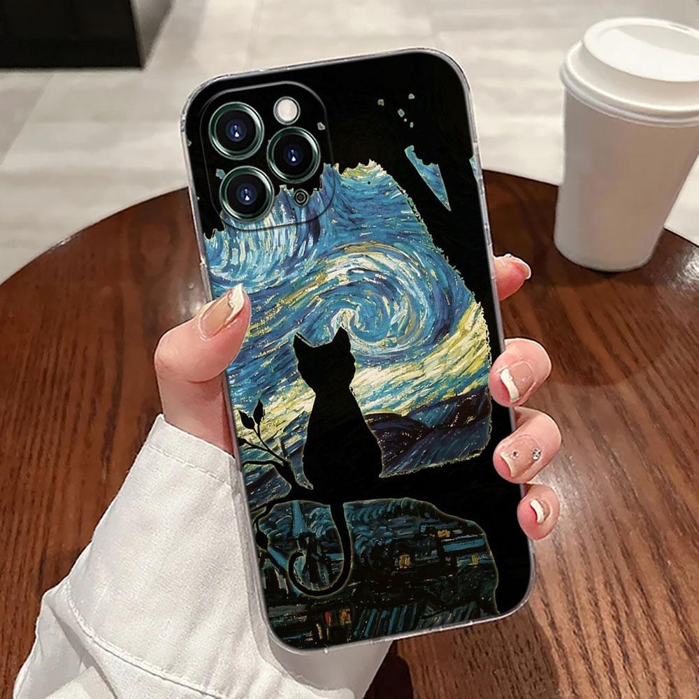 Cat Van Gogh Starry Night Oil Painting Case For Apple iPhone 17 16 15 14 13 12 11 Pro Max Plus 16E 17Air 17Pro Phone Cover Funda