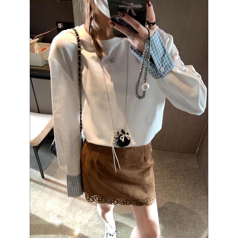 

Mochie Plaid Patchwork Cuff Round Neck Loose T-shirt - Early Spring Korean Style Large білий