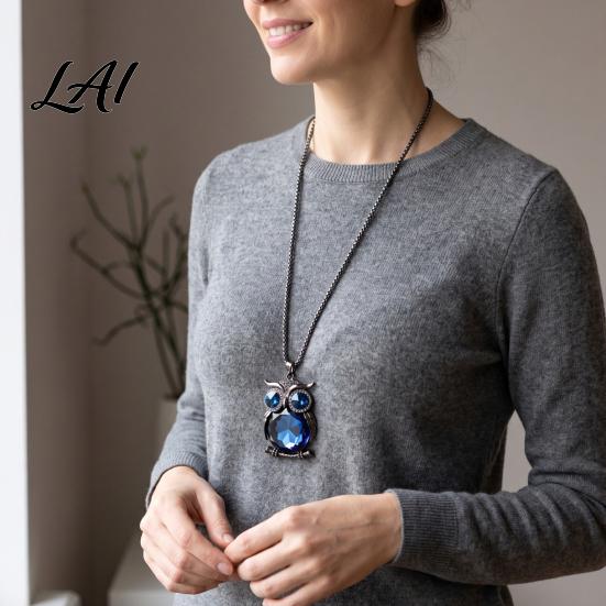Gift for Mom And Friends Faux Crystal Owl Pendant Necklace Women Long Blue Sweater Chain Fashion Alloy Jewelry Accessory Daily Wear & Decoration