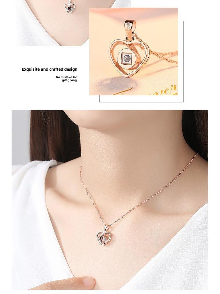 S925 Silver Peach Heart Projection Necklace 'I Love You' in 100 Languages