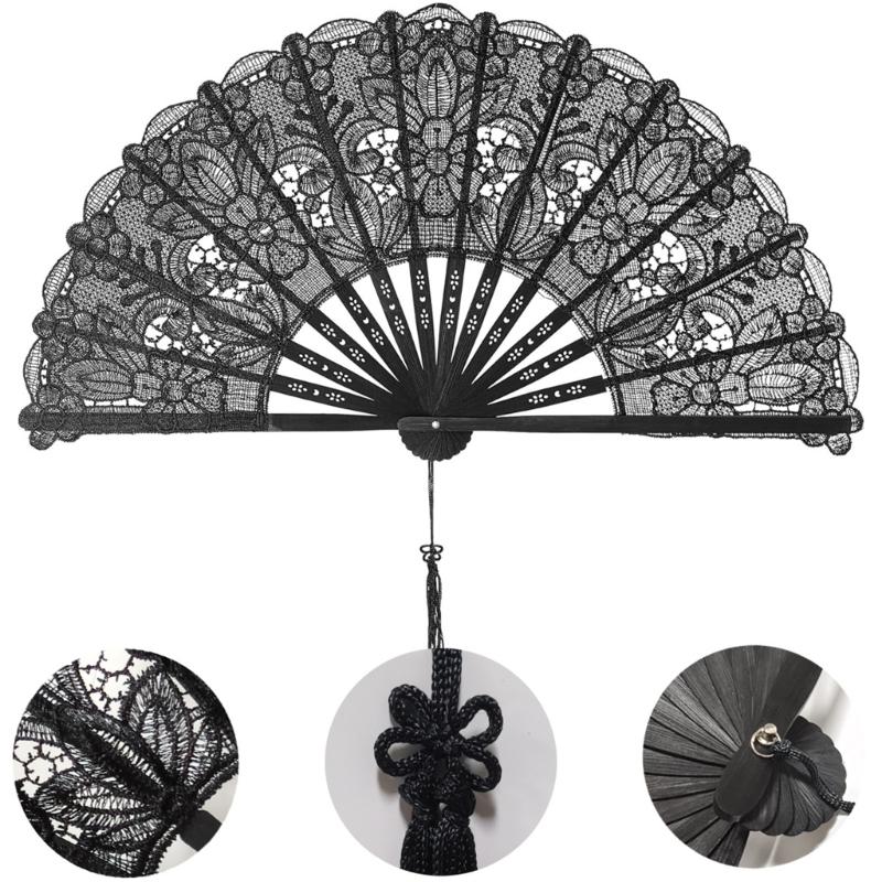 Elegant Anime Bamboo Hand Fan With Intricate Lace Detailing For Cosplay Event And Vintage Themed Parties