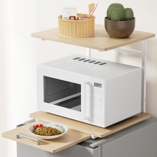 TKUIN Refrigerator Over-Rack/Microwave Rack, 47.5cm Wide x 43.5-69.5cm Deep x 45cm High, 2-Tier with Sliding Tray, Oven Toaster Storage, Organizer, To
