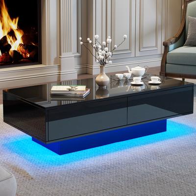 Modern Black High-gloss Coffee Table, 115 X 55 X 34 Cm, with 2 Drawers, LED Lighting and 30 Kg Load Capacity - Elegant Living Room Coffee Table