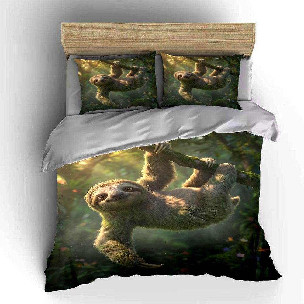 Sloth Climbing On Tree Bedding Set for Kids Luxury Gift 3pcs Digital Print Comforter Set Soft Comfortable Breathable