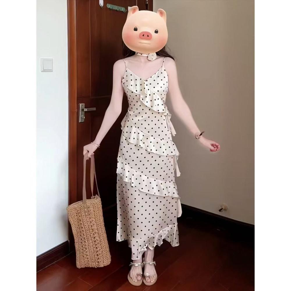 

Платье-сарафан в горошек в студенческом стиле для повседневной женской одежды, новая весенняя модель, с завышенной талией и тонкое, с французской отделкой оборками в виде лепестков лотоса, длинная юбка XL- (recommended 110-60kg)