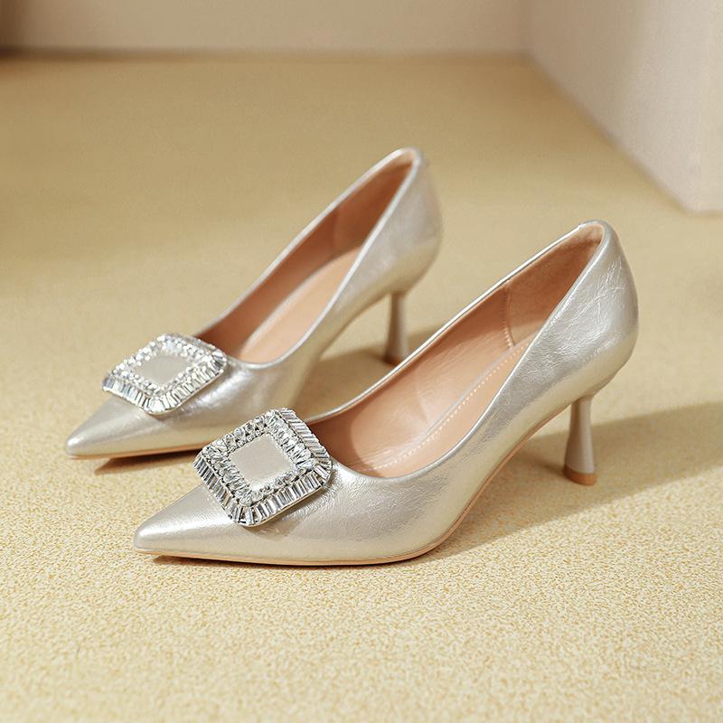2025 Autumn New Pointed Rhinestone Square Buckle High Heels Women's Thin Heels Sexy Not Tired Feet Small High Heels Shallow Mouth Single Shoes