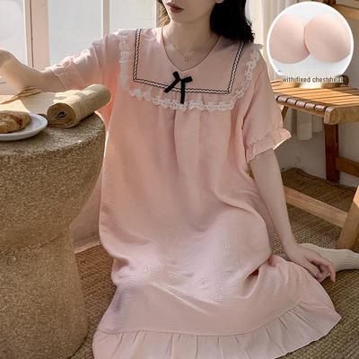 2026 Summer Women's Woven Embossed Cloud Cotton Short-Sleeve Nightgown with Bra Pads - Princess Style Long Skirt