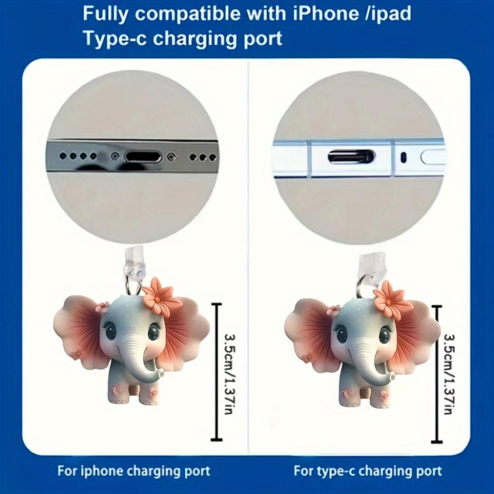 2D Acrylic Cute Elephant Phone Dust Plug Type-C Port Cover For Iphone & Samsung Decorative Hanging Pendant Accessory