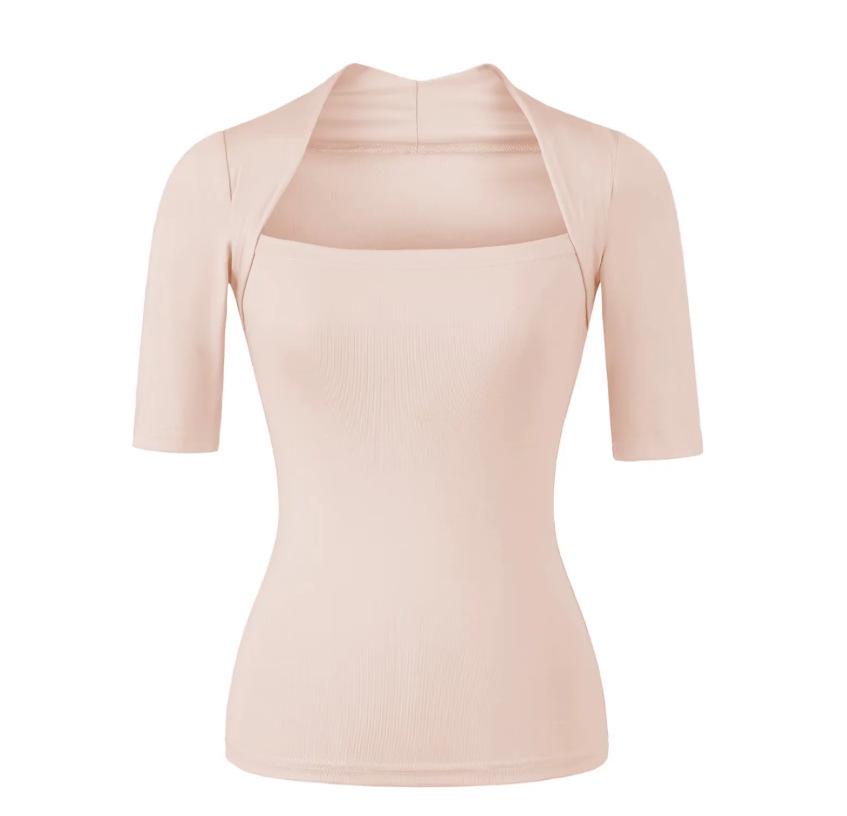 Light Gray Square Neck Slim Fit T-Shirt for Women - Short Sleeve, Waist Cinched, Ideal for Spring/Autumn