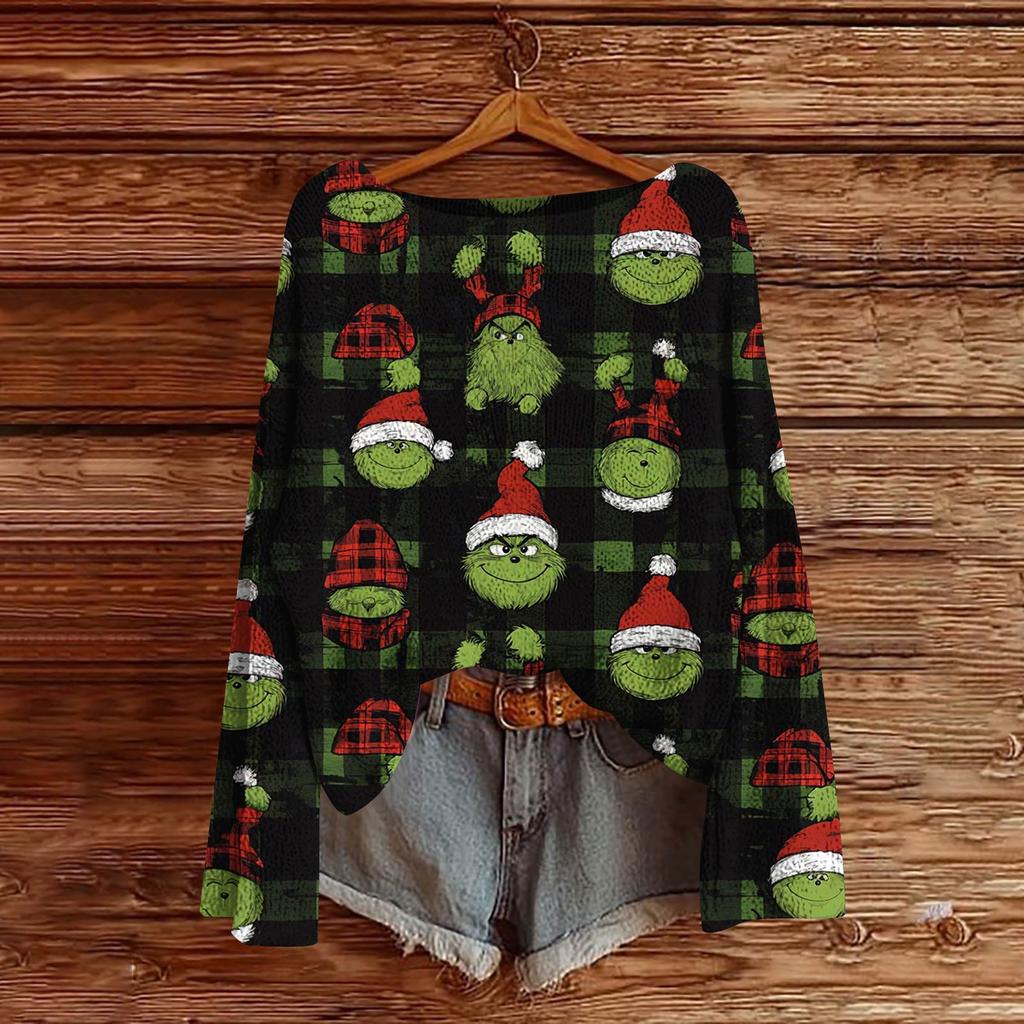 Dámský módní lehký svetr s vánočním potiskem, ležérní pletený pulovr s dlouhým rukávem