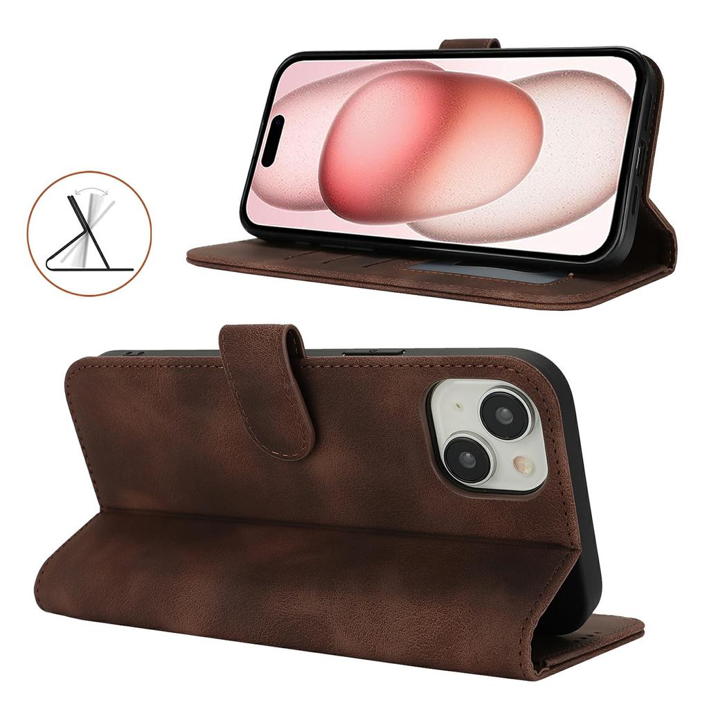 For iPhone 15 Plus/14 Plus Wallet Case Double Folded Edge Skin Touch PU Leather Flip Phone Cover