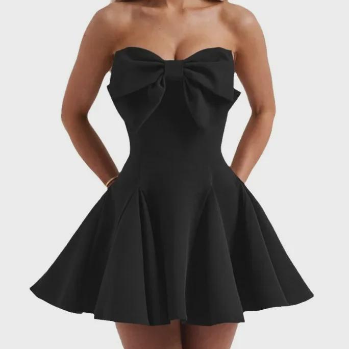 2024 Autumn/Winter Tube Top Bow Skirt - Sweet Style Solid Color Dress