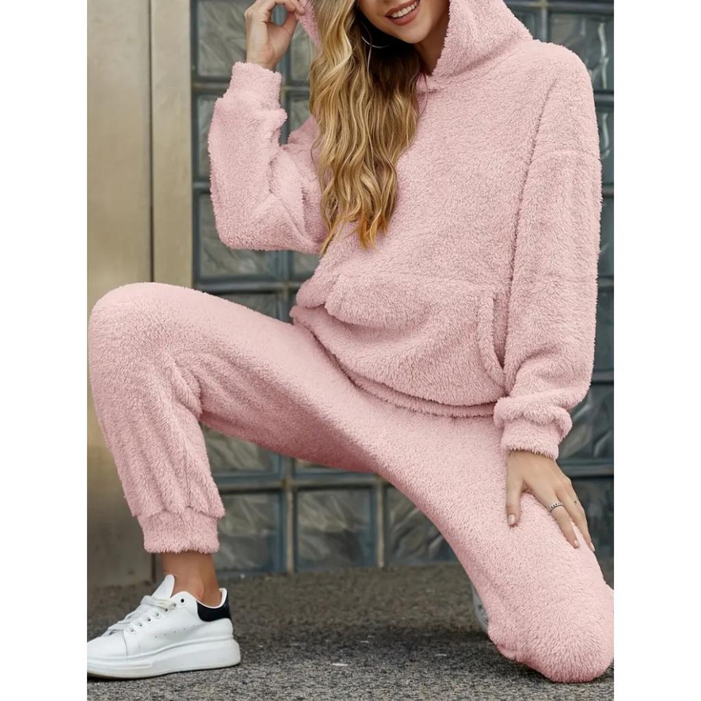Fall Winter New Solid Fleece Hooded Long Sleeve Top & Pants Set, Casual Women's Outfit For Women