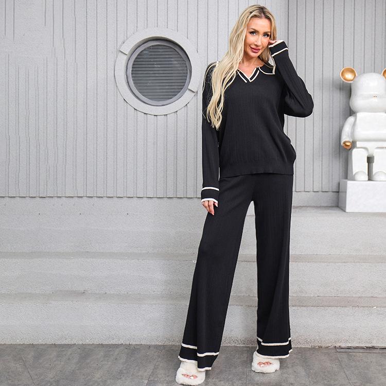Women's Lounge Sets 2 Piece Outfits POLO V Neck Knitted Pullover Sweater Tops Wide Leg Pants Sets Tracksuit Chunky Fall Winter Sweatsuit for Women