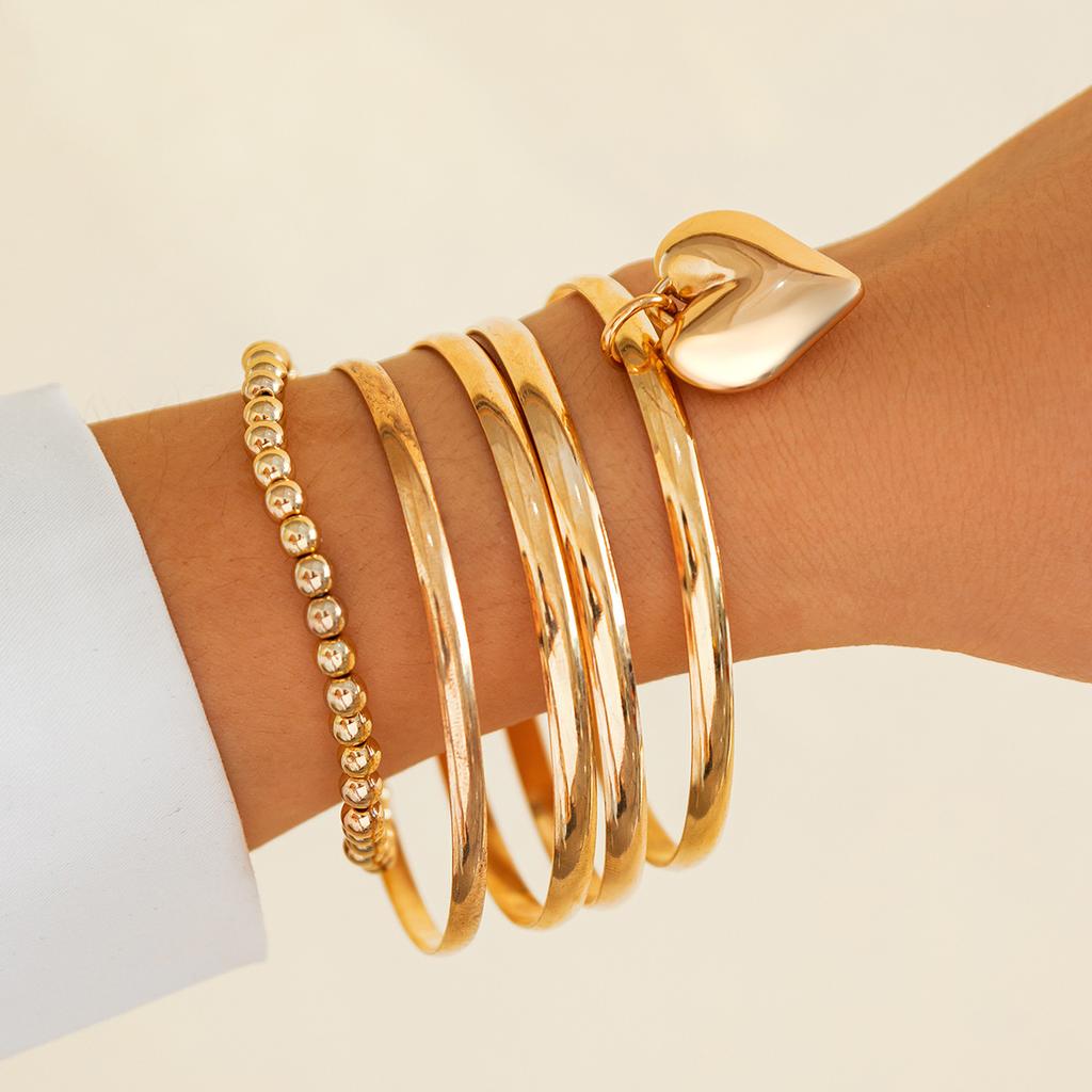 Bracelet Simple Love Heart Pendant Bracelet Set, Exaggerated Metal Beads Stacked To Wear Jewelry