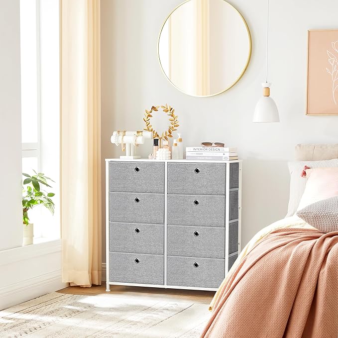 SONGMICS Chest of Drawers, Storage Unit with 8 Easy Pull Fabric Drawers, Dresser, Organiser Unit with Metal Frame, Tabletop, for Closet, Nursery