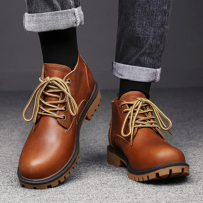 Botas Elevatórias de Inverno Tamanho Grande Feitas à Mão para Homens Couro Genuíno Confortáveis Botins de Amarrar Aumento de Altura Botas de Motociclista
